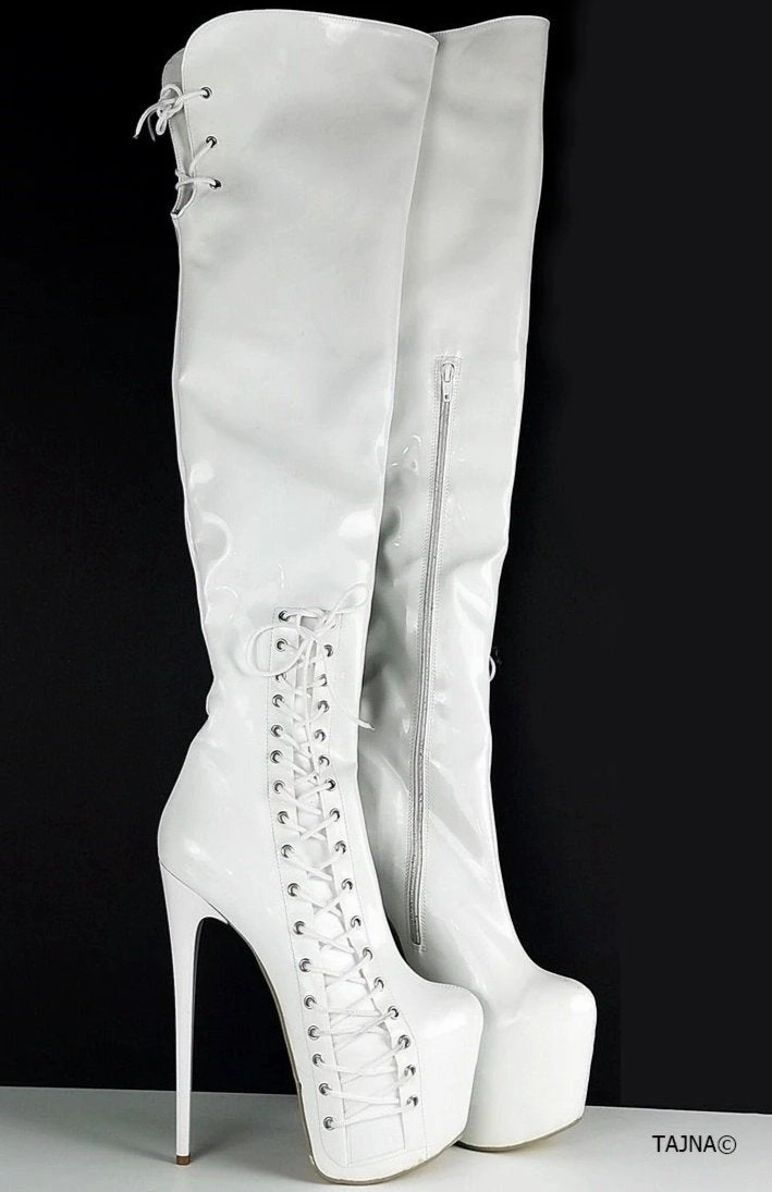 White Patent Corset Style Long Boots