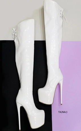 White Patent Knee High Platform Boots