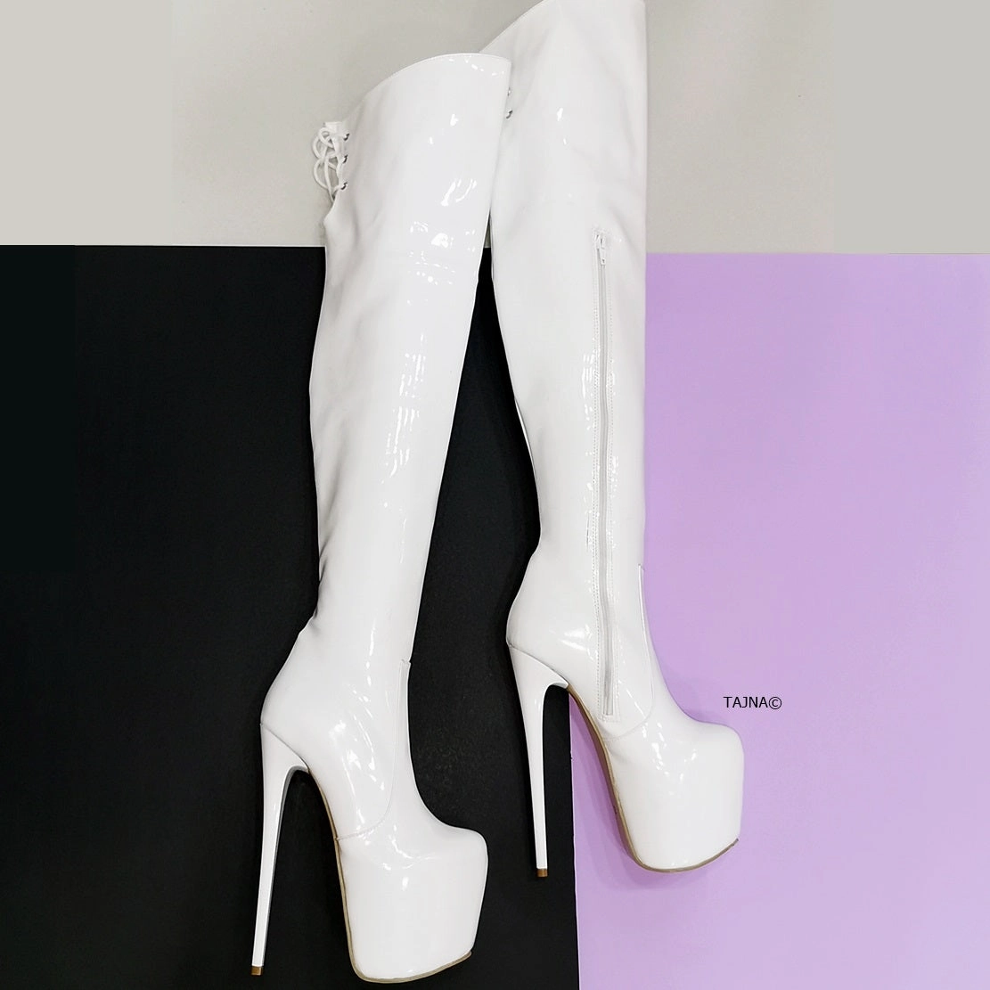 White Patent Knee High Platform Boots